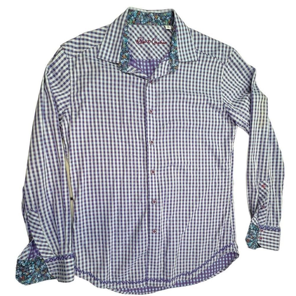 Robert Graham Men's Plaid Check Classic Fit Button-Up Shirt Purple White Medium - Picture 2 of 10
